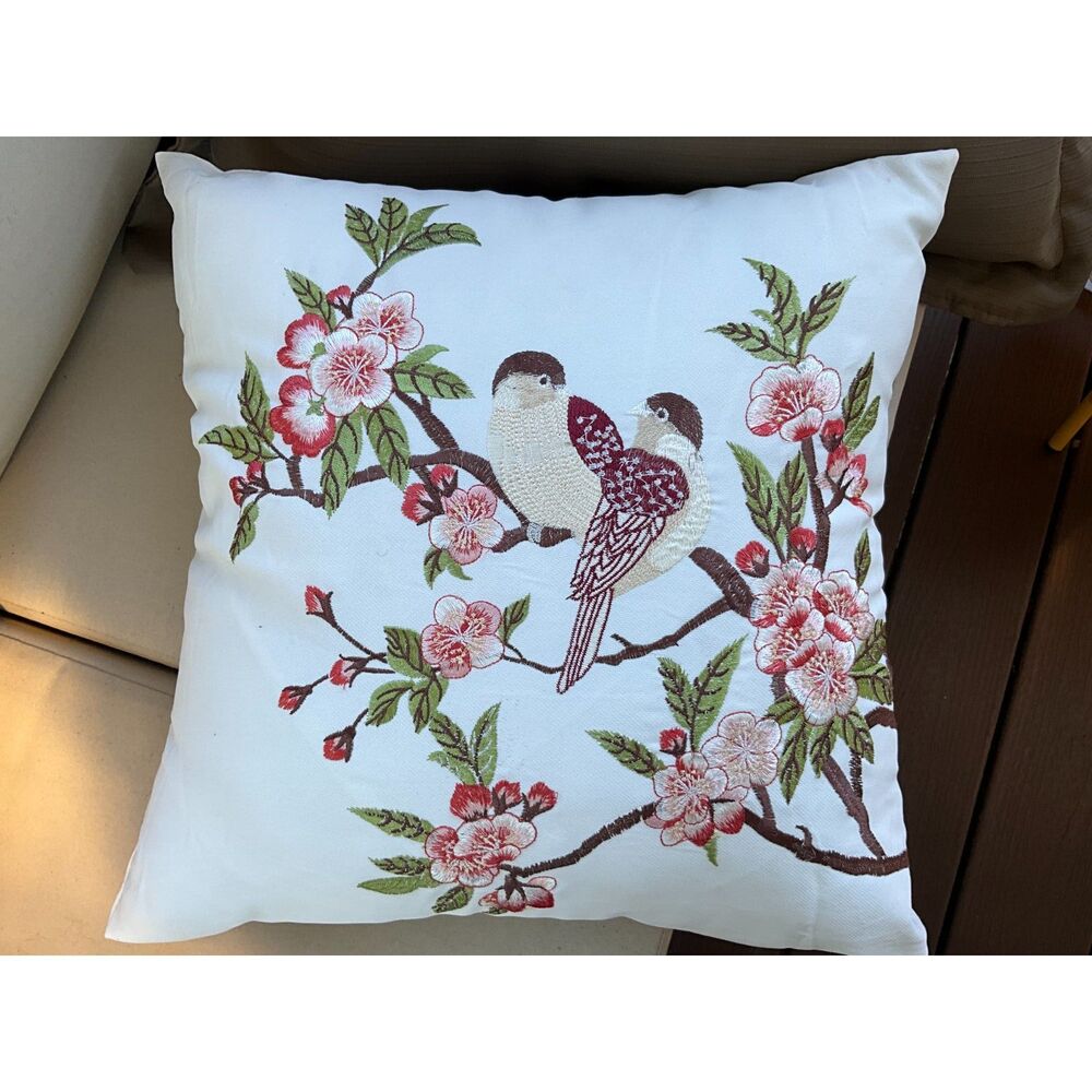 Violet Linen Decorative Mante Carlo embroidered pillow birds and cherry blossoms